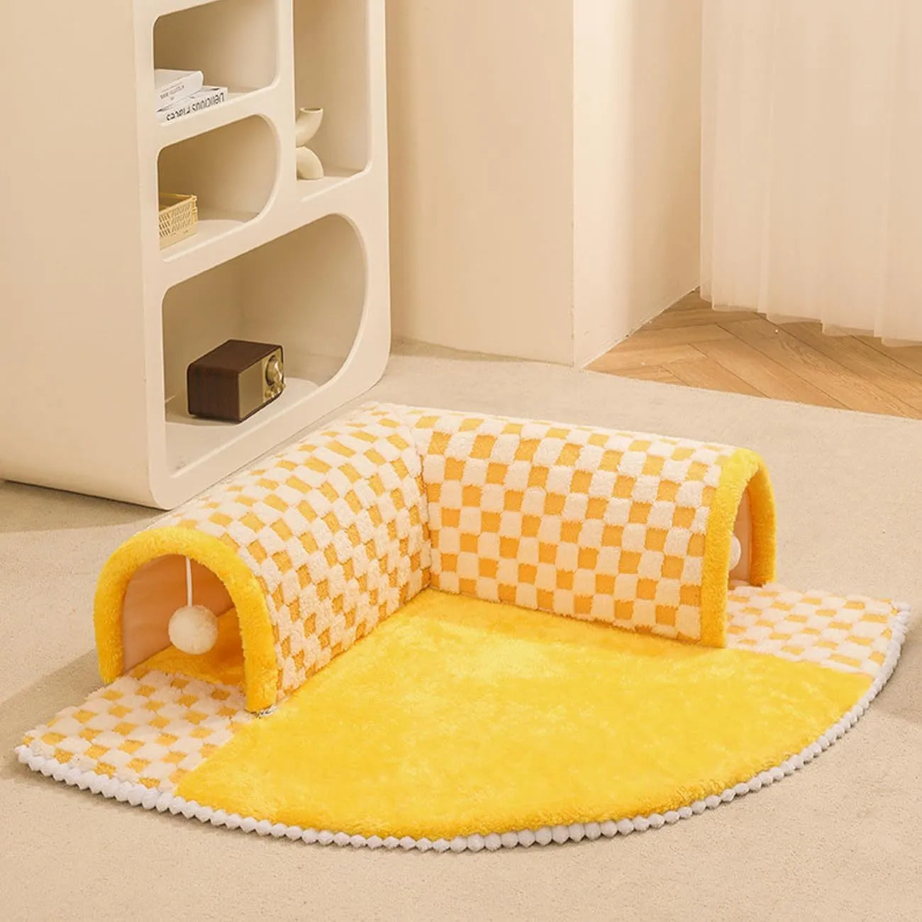 XL fan-shaped plush pet bed with tunnel design in coffee colour for dogs and cats
