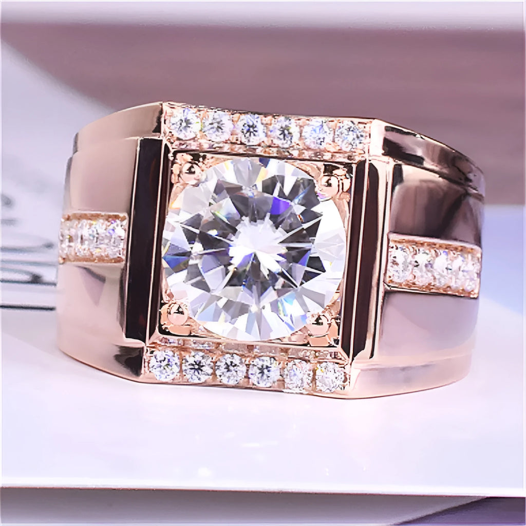 Men's geometric diamond zircon ring with adjustable open mouth design in rose gold finish