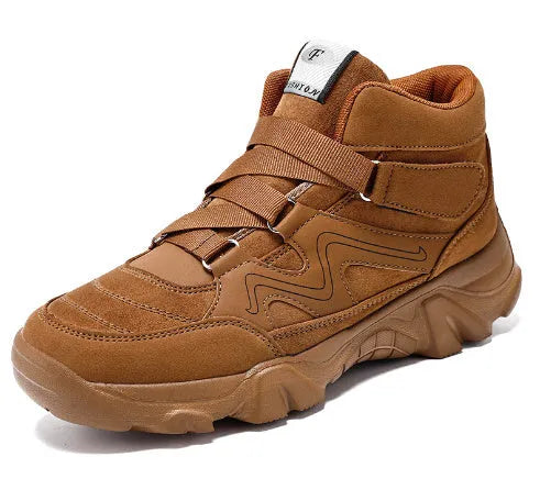 Men's black leather lace-up walking shoes with thick rubber soles