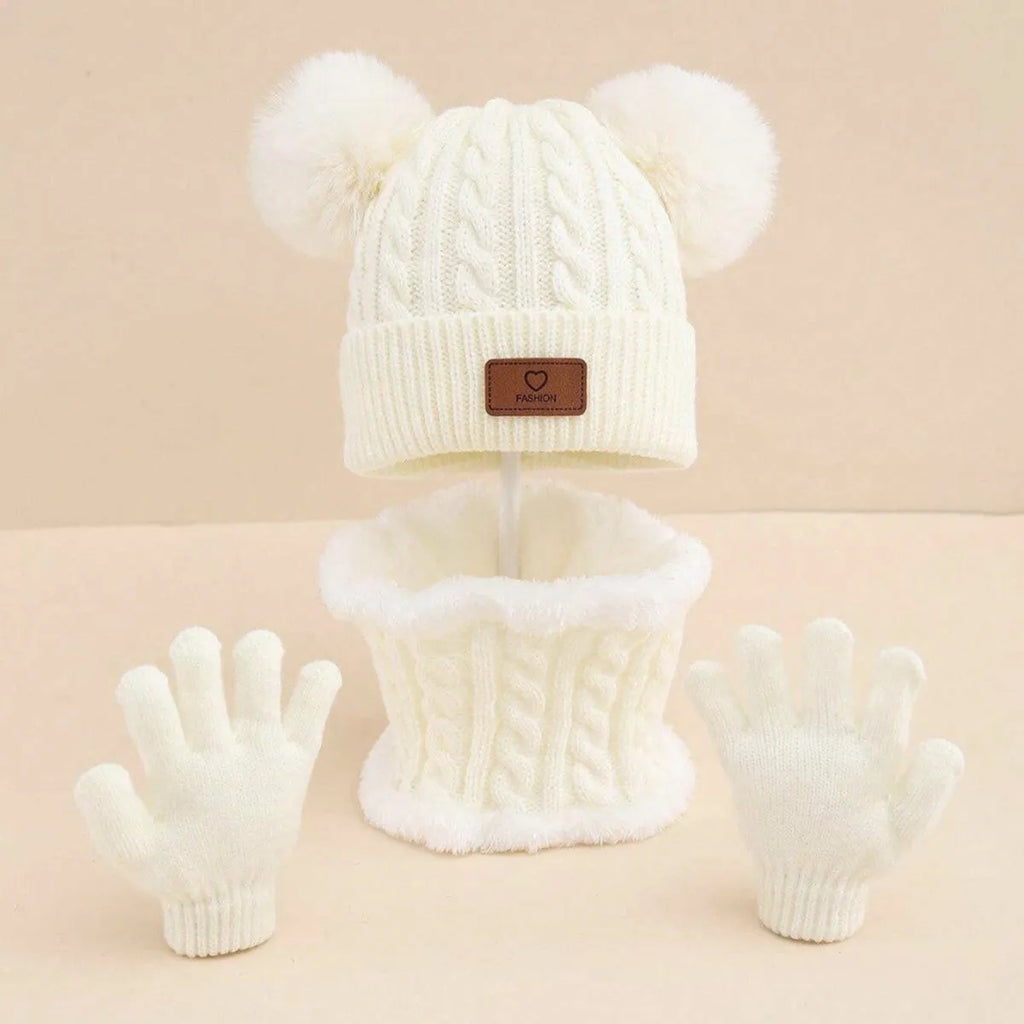 Children's three-piece acrylic knit winter set with dome crown hat and matching scarf and gloves in pink