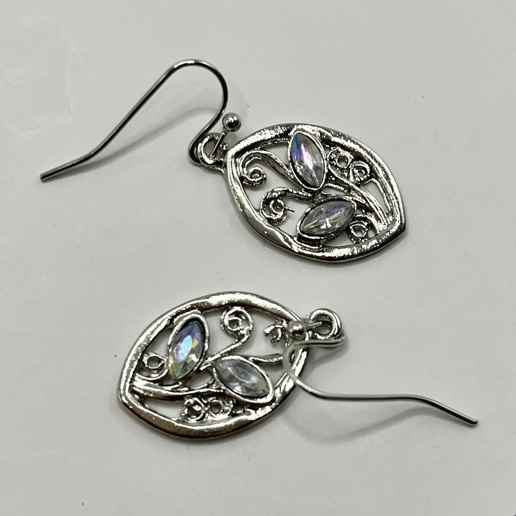 Silver alloy leaf earrings with embedded colourful moonstones for women