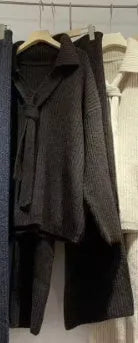Ladies elegant knit sweater suit two-piece set in imitation cashmere, showing top and trousers in beige.