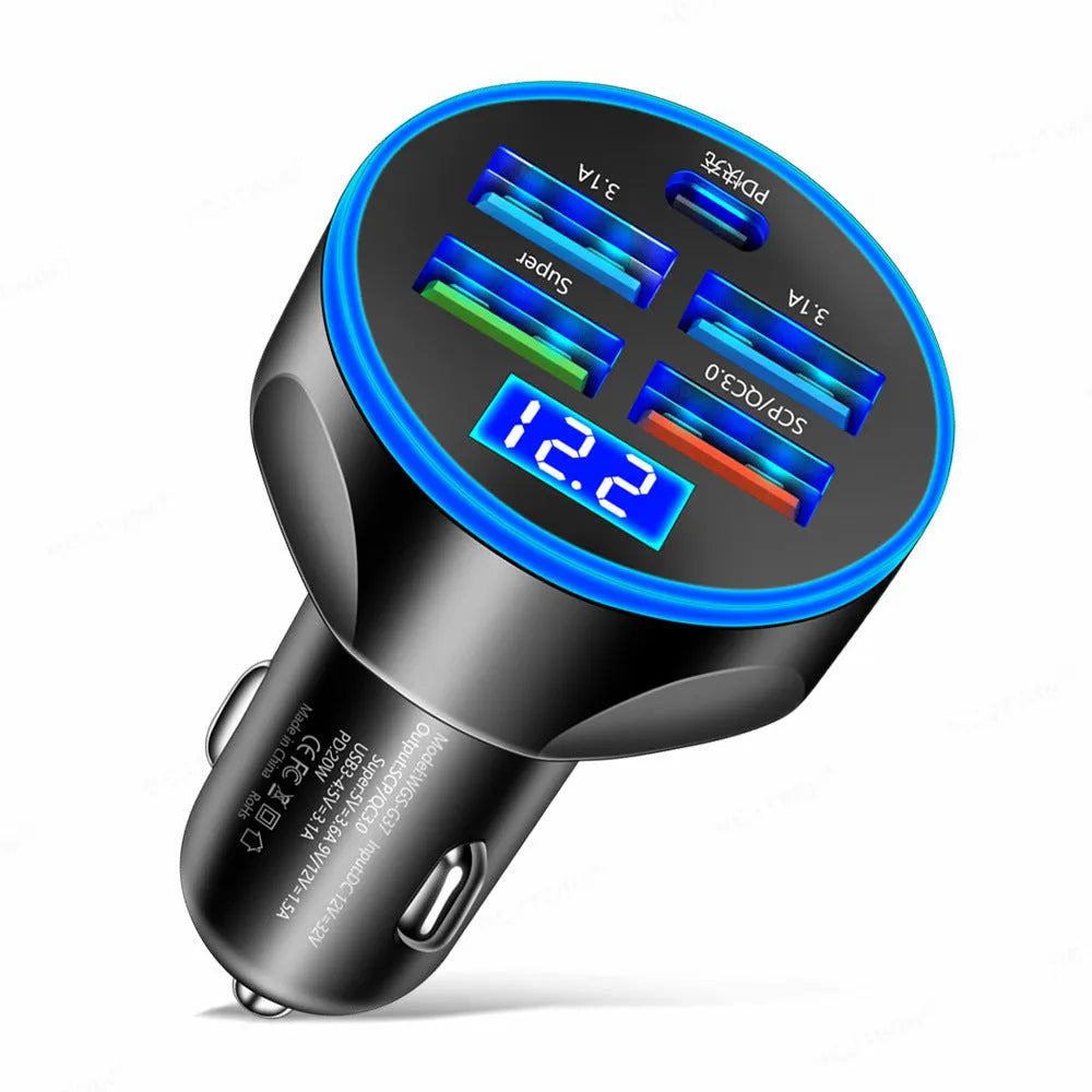 Digital display five-in-one car charger with super fast charge port, compact PC body, black and white colour options, 4cm by 4cm by 7cm size.