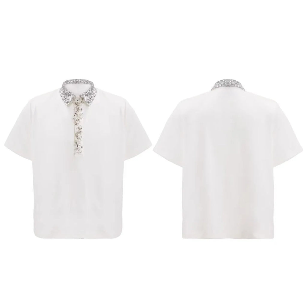 Men's loose fit polo t-shirt with square collar and embroidery detailing in three colour options