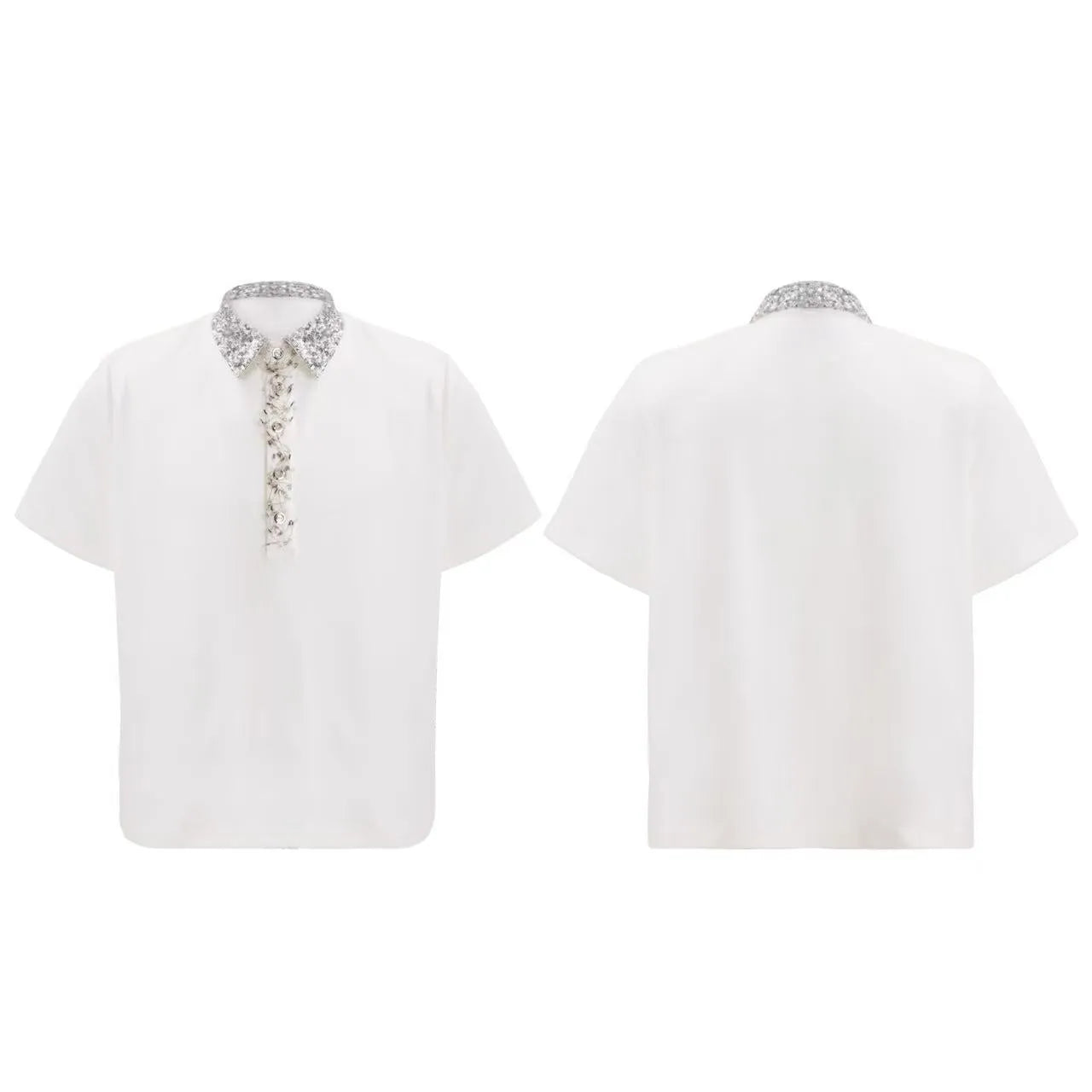 Men's loose fit polo t-shirt with square collar and embroidery detailing in three colour options