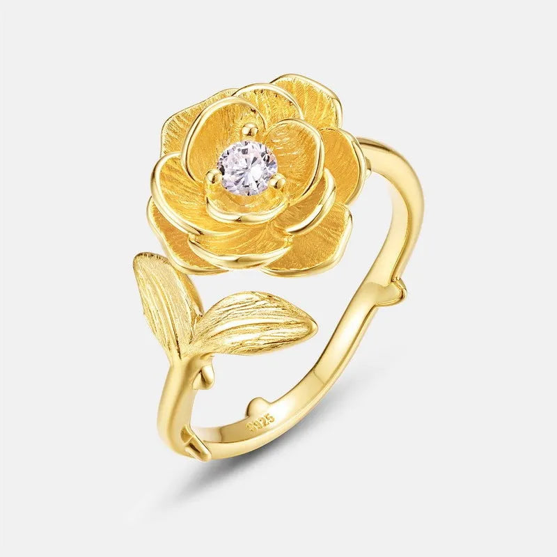 Women's 925 silver adjustable flower ring with 10k gold swimming paint electroplating, gold colour, retro design