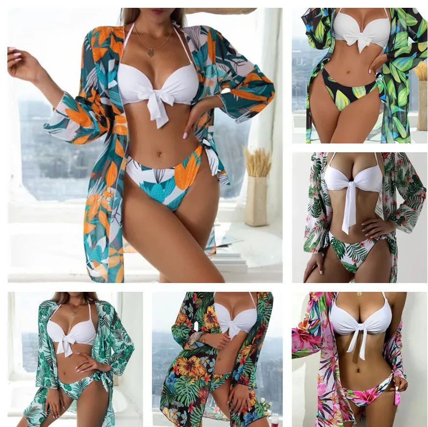 Women's three-piece bikini swimsuit set with mesh split detail in a quick-dry fabric.