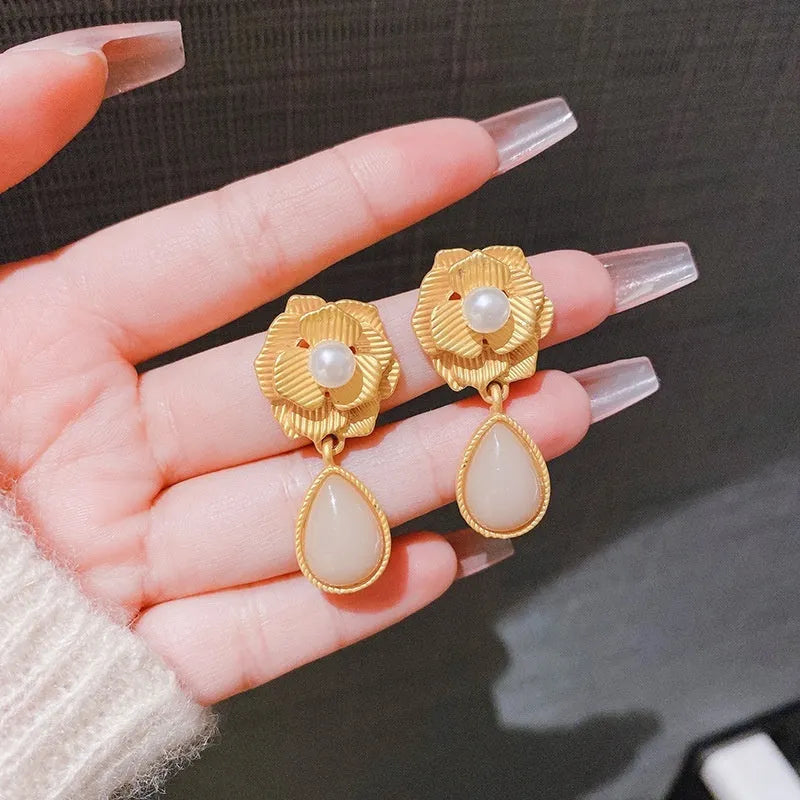 Gold colour sterling silver electroplated flower stud earrings with needle rose pearl and opal stone accents