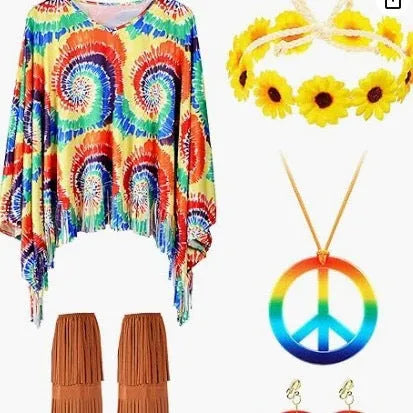 Colourful tie dye spandex cloak costume with voluminous bell sleeves for Halloween.