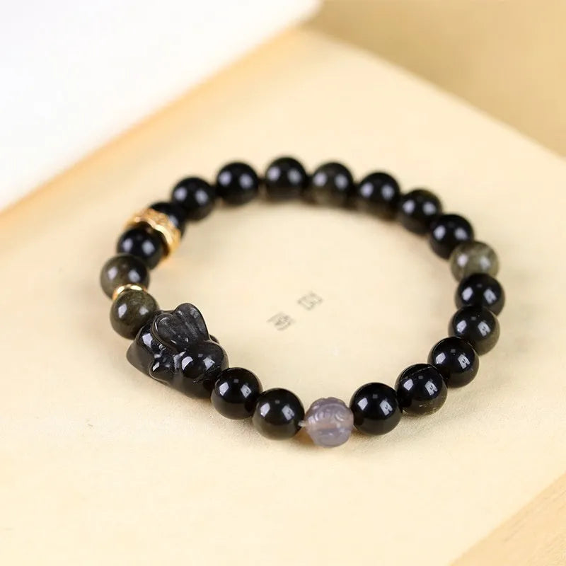 Handmade Chinese national style obsidian bracelet with lying rabbit pendant and mixed material beads