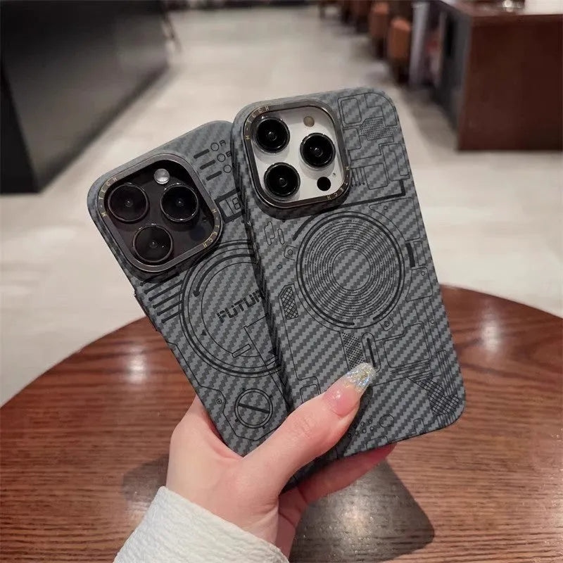 PC magnetic charging shockproof phone case with carbon fibre grain for iPhone 12 to 16 series in Graphite Black