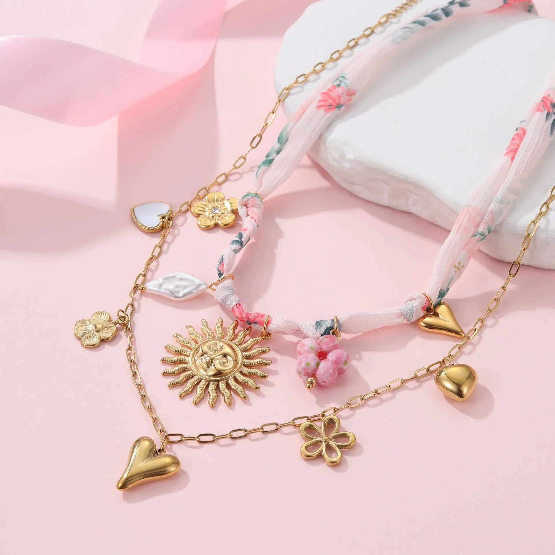Sun pendant necklace on adjustable stainless steel chain with 18K gold electroplating