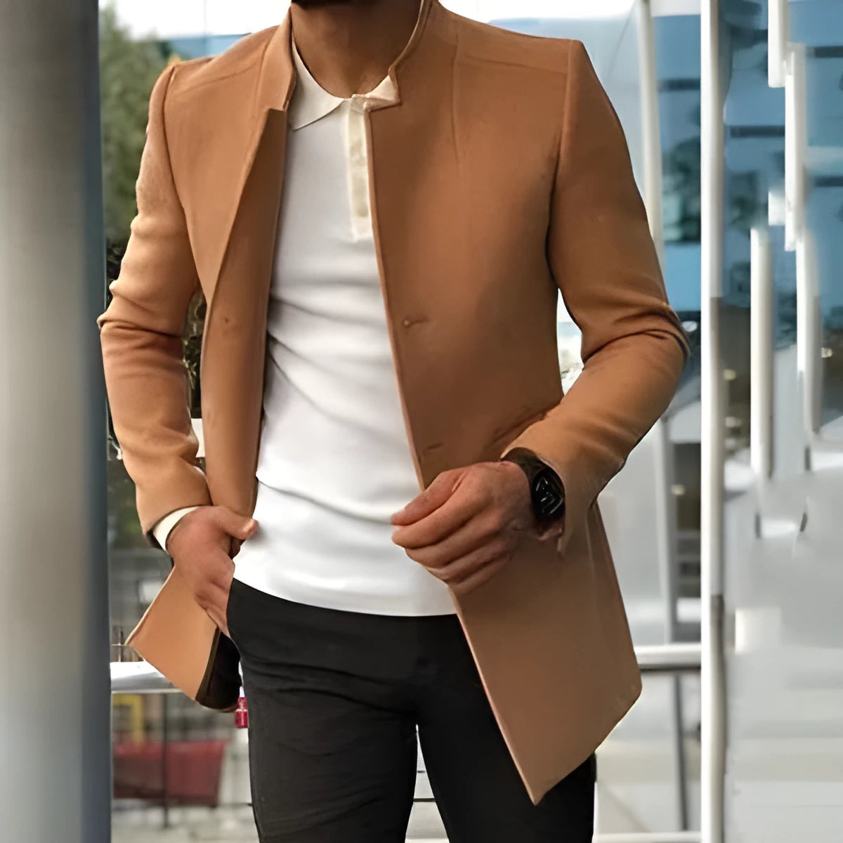 Khaki solid-colour form-fitting woolen coat for men autumn wear