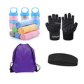 Gym Essential Items Value Set with exercise bands, ankle straps, and jump rope on a grey floor