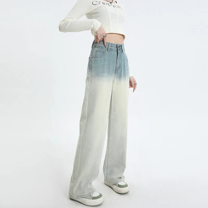 Gradient blue straight-leg denim trousers for women with wide leg design
