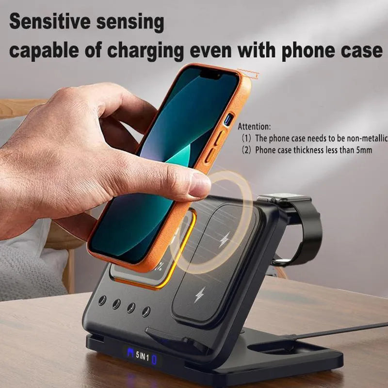 Black wireless charging station showing phone and watch charging with LED display showing time and temperature