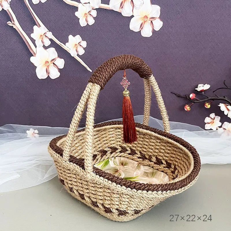 Coffee brown hand-woven hemp rope basket with straw trim, shown from the side.