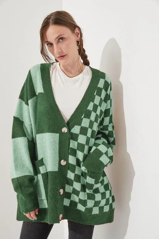 Women's loose slim fit printed checks knitwear cardigan in polyester spandex fabric