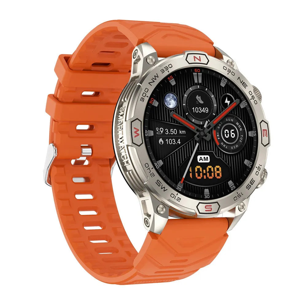Sports smart watch with AMOLED screen on a black silicone strap, showing fitness data.