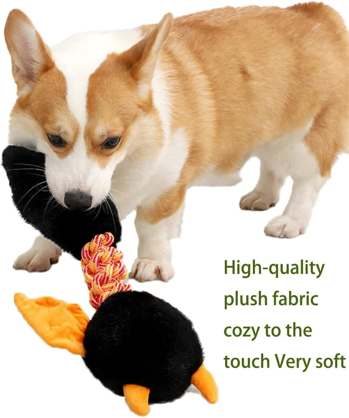 Large plush dog toy with squeaker and rattle in black, green, or red colours, measuring 44cm long