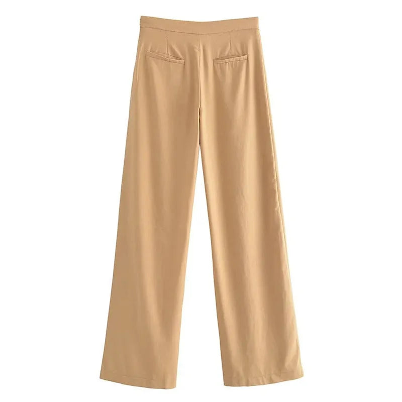 Women's casual linen blend trousers in khaki, straight leg with mid rise waist, laid flat on neutral background
