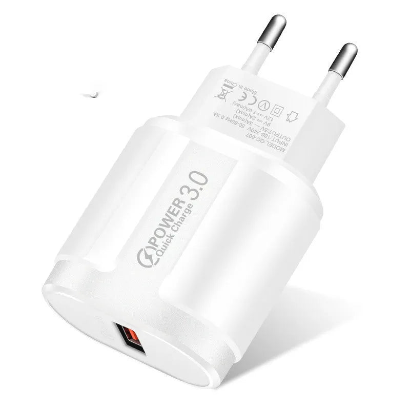 White international smart charger for mobile phones with EU UK US plug options shown