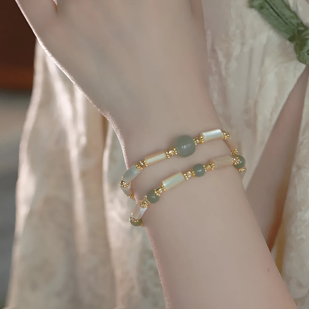 Handmade Hetian Jade white lip shell bracelet with round natural jade beads in geometric style