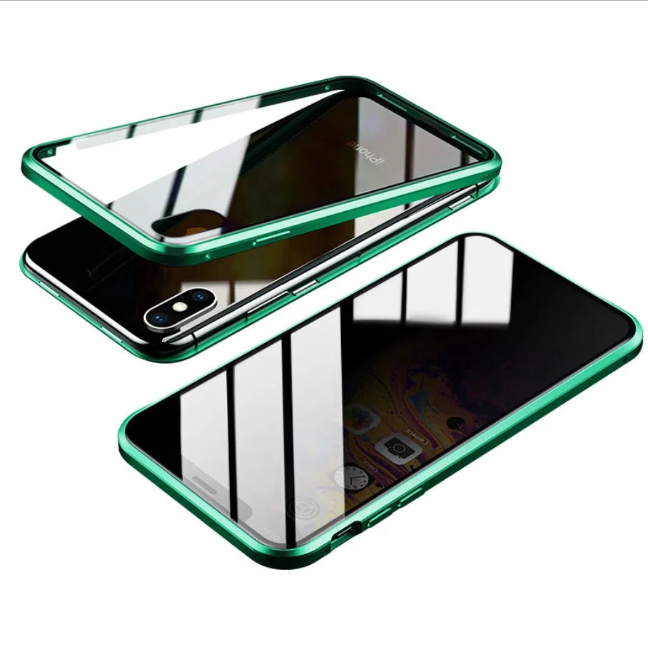 Glass clamshell anti-spy phone case in black, silver, red, gold, green, or blue for iPhone models.