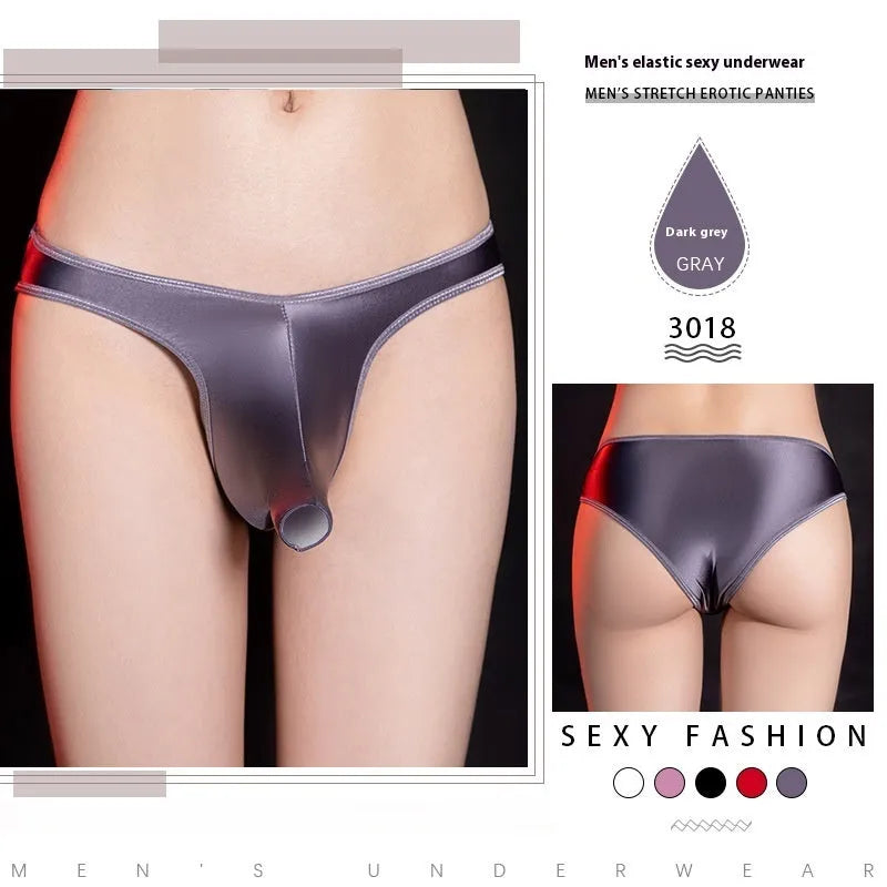 Men's shiny nylon low waist T-back underwear in black, shown from the rear to highlight the T-back design.