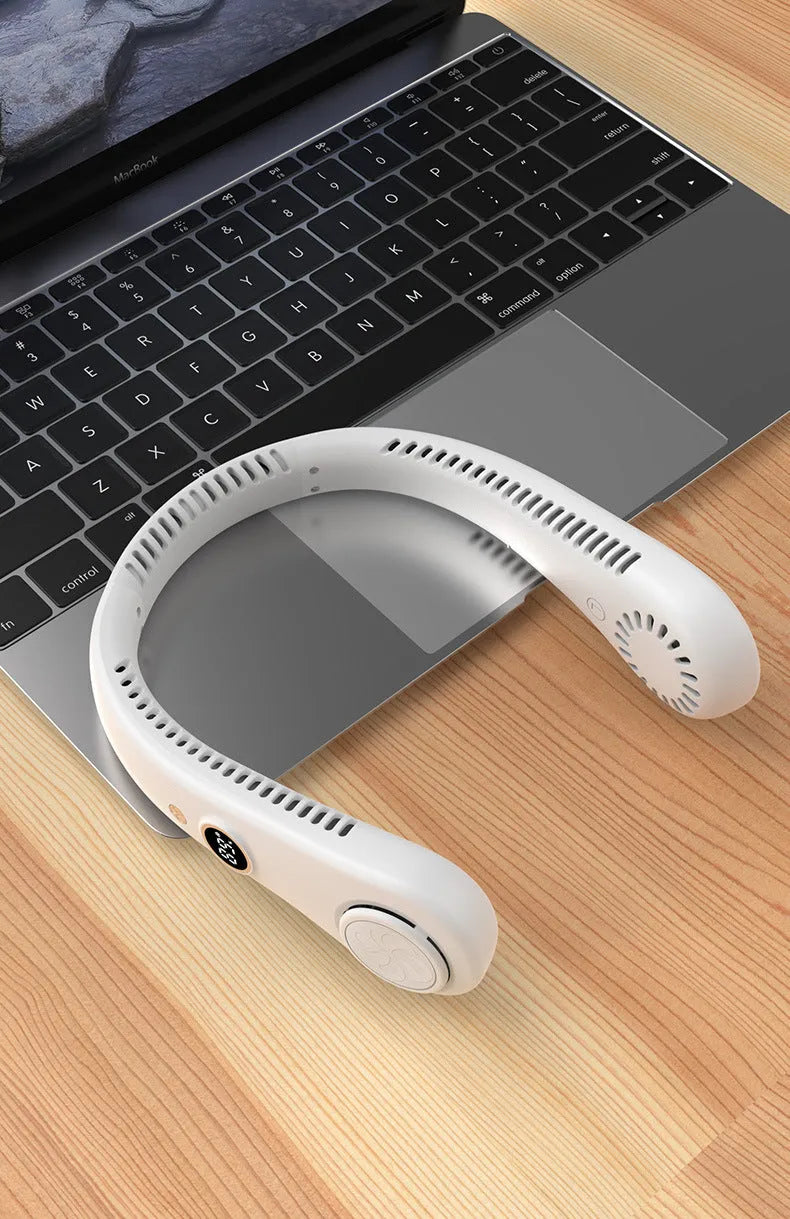 Blue bladeless neck fan showing neckband design and airflow outlet