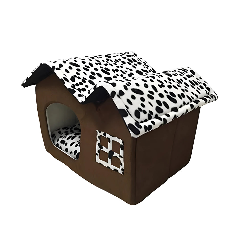Double top pet house in dark brown corduroy with waterproof Oxford cloth, 55x40x42cm dimensions