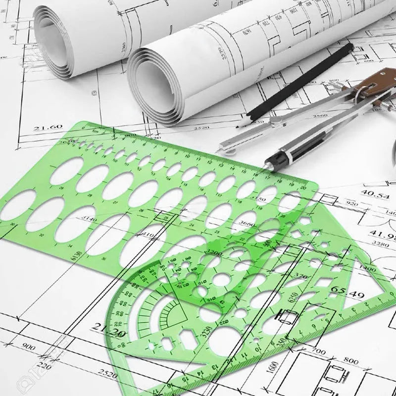 Set of 11 clear green plastic geometric drawing templates with poly zipper envelope
