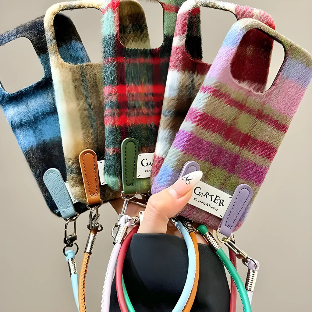 Flannel contrast colour check phone case with wristband in green pattern for iPhone 14