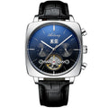 Men's automatic mechanical watch with black leather strap, hollow dial, and luminous hands on a white background