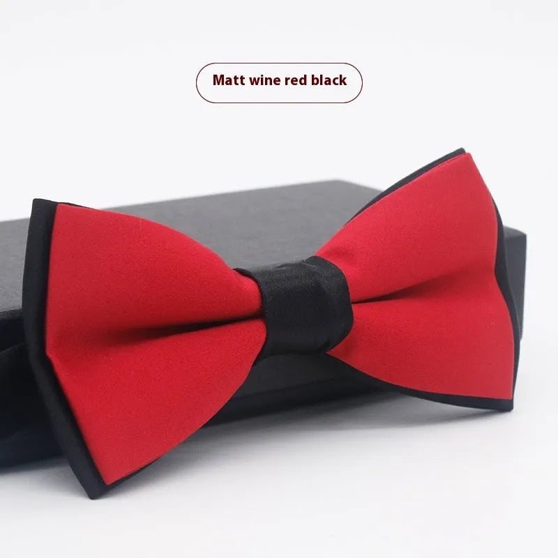 Solid colour flat head bow tie for formal wear in multiple colours including black, red, and blue.