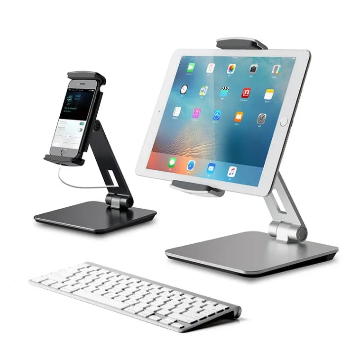 Folding aluminium and ABS phone tablet stand with 360° rotation in silver colour
