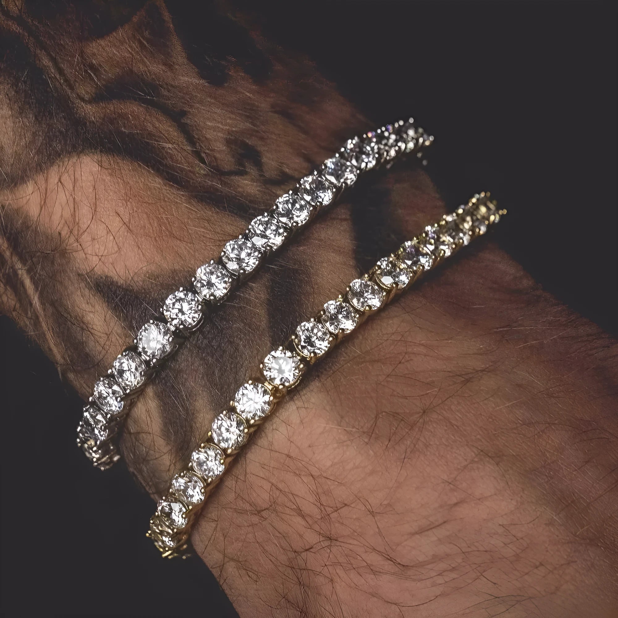 Men's hip hop bracelet with single row rhinestones, tennis charm design in alloy with zirconia elements