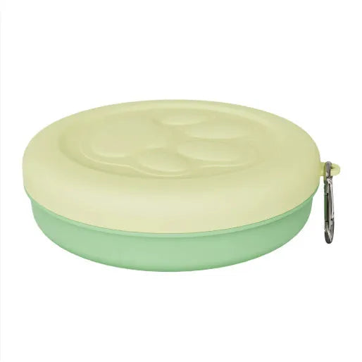 Portable outdoor dog food and water bowl in light pink or green, shown in L and S sizes.