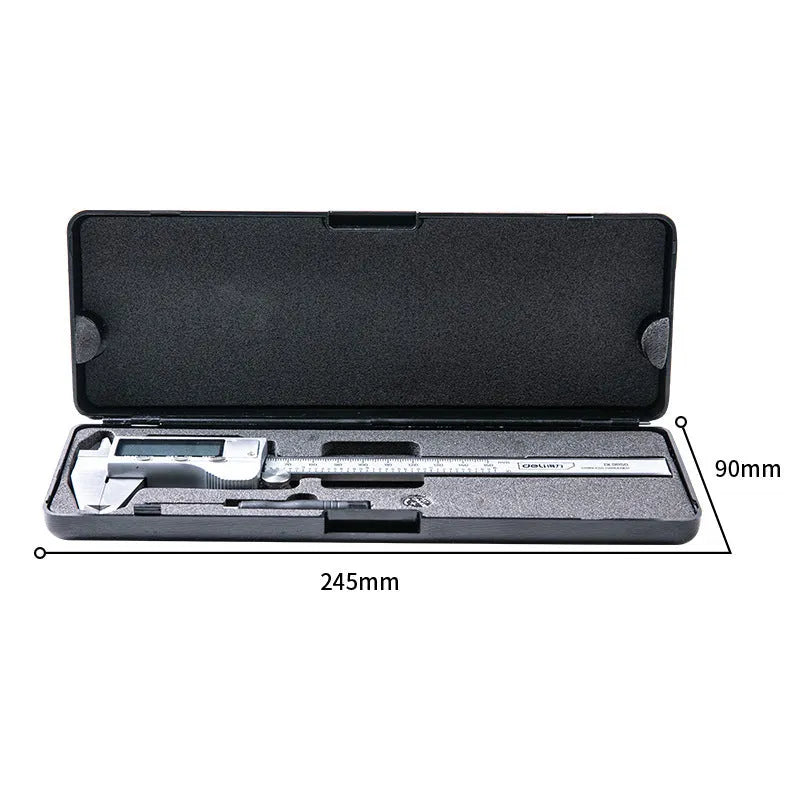 Deli stainless steel digital vernier caliper with 0.01mm resolution and LCD display on workshop surface