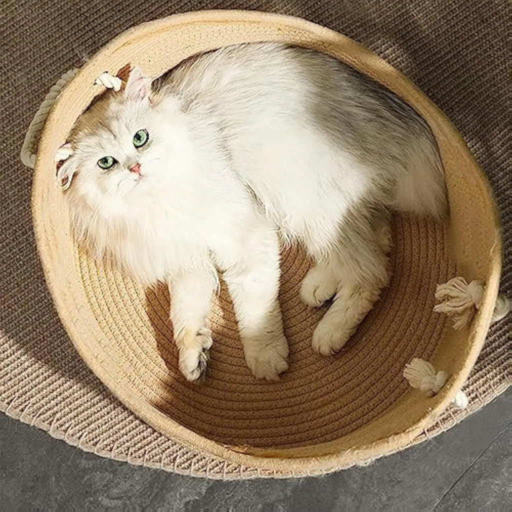 Woven wicker cat basket bed with integrated corrugated scratching surface showing two size options