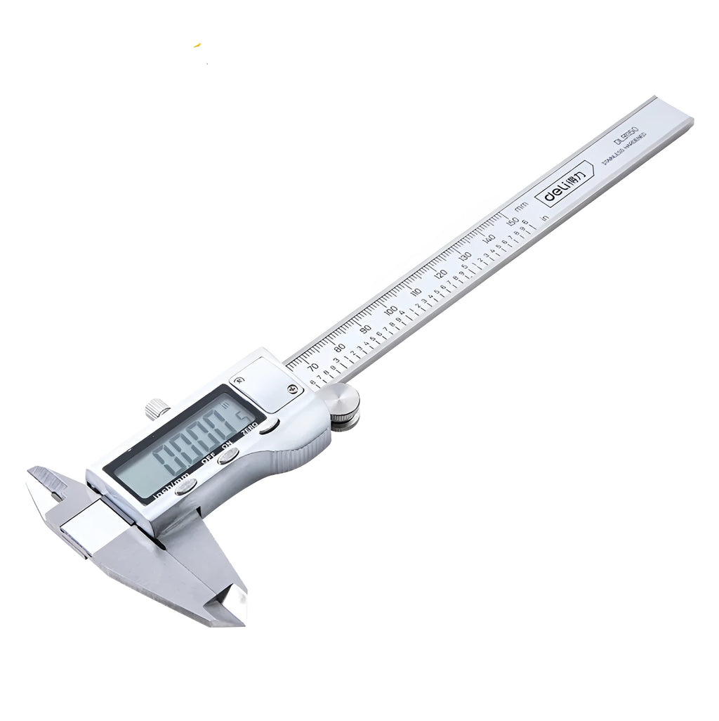 Deli stainless steel digital vernier caliper with 0.01mm resolution and LCD display on workshop surface