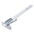 Deli stainless steel digital vernier caliper with 0.01mm resolution and LCD display on workshop surface