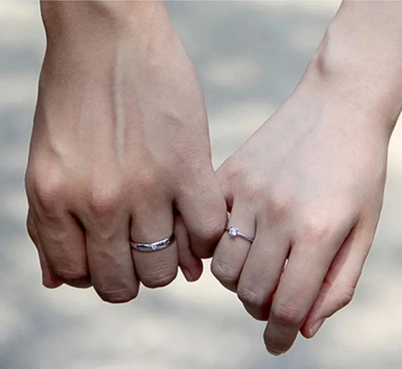Couple rings set with geometric design, white copper, gold-plated inlay, and adjustable opening