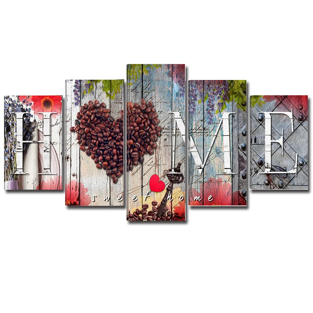 Set of five red oil painting decoration boards in progressive sizes on wall display