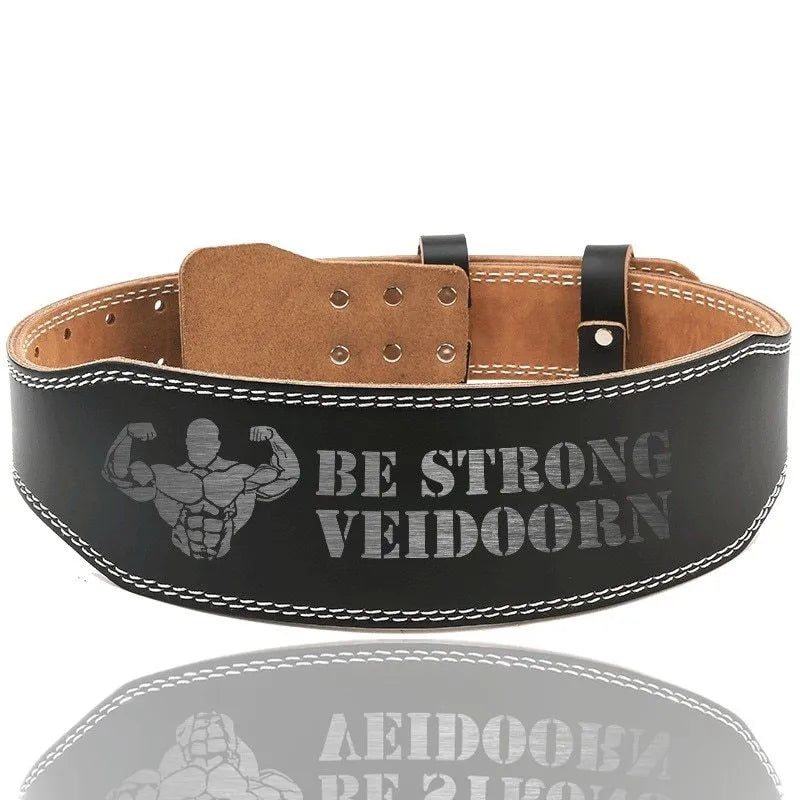 Black narrow PU leather weightlifting belt with punching hole adjustments on a white background