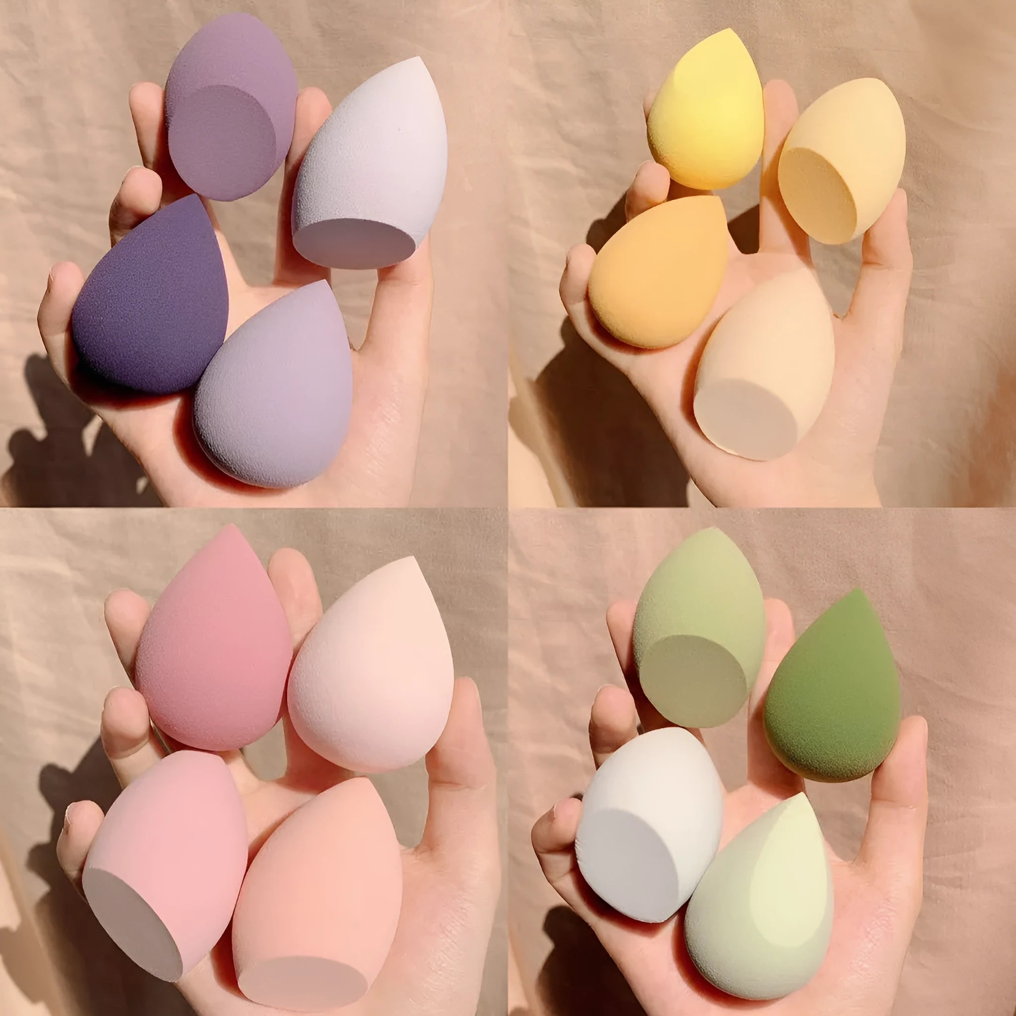 Four synthetic sponge makeup egg applicators in Grape, Mango, Mint, and Peach peach colours.