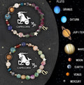 Set of two natural stone beaded bracelets featuring charms for the twelve zodiac signs.