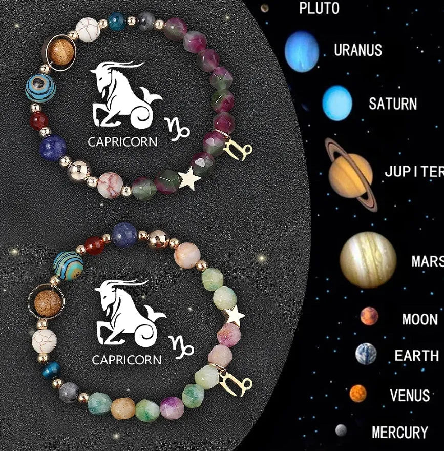 Set of two natural stone beaded bracelets featuring charms for the twelve zodiac signs.