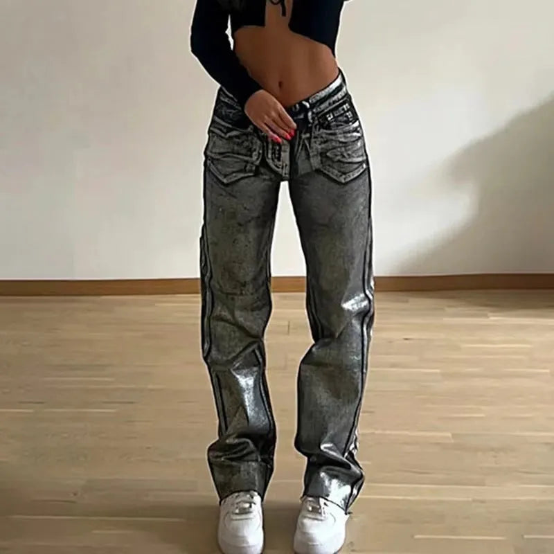 High-waist straight leg denim jeans in blue with street hipster styling and contrast colour details