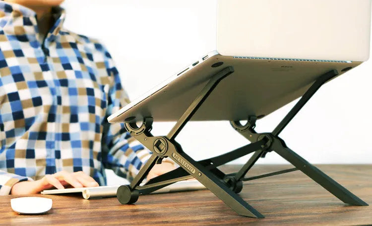 Black folding portable laptop computer stand made from reinforced nylon, shown in both folded and open positions.